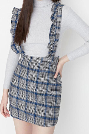 Moda Regular Casual Günlük Flanel Dokuma Kare Yaka Askılı Kol Jile Mini Boy Elbise
