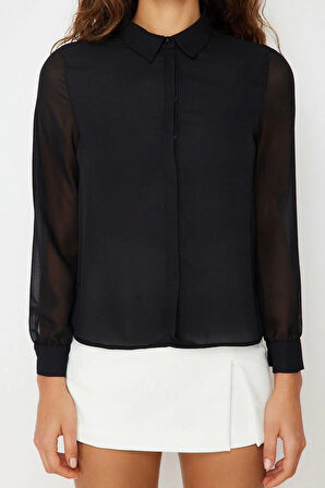 Moda Kadın Gömlek Yaka Düz Desen Günlük Kolları Transparan Regular Normal Kalıp Dokuma Gömlek