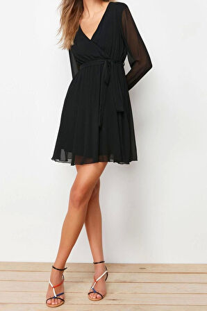 Moda Fit Gündüz Gece Şifon Dokuma Kruvaze Uzun Kol Skater Mini Boy Elbise