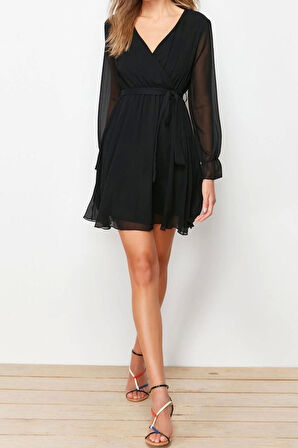 Moda Fit Gündüz Gece Şifon Dokuma Kruvaze Uzun Kol Skater Mini Boy Elbise