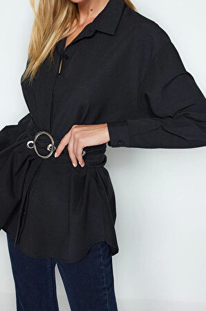 Moda Kadın Gömlek Yaka Düz Desen Resmi Kemerli Toka Detaylı Pamuklu Dokuma Gömlek