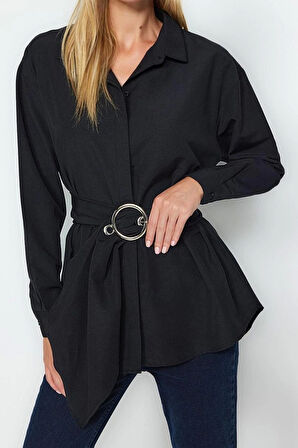 Moda Kadın Gömlek Yaka Düz Desen Resmi Kemerli Toka Detaylı Pamuklu Dokuma Gömlek