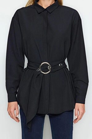 Moda Kadın Gömlek Yaka Düz Desen Resmi Kemerli Toka Detaylı Pamuklu Dokuma Gömlek