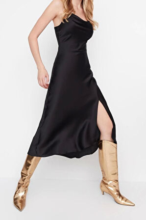 Moda Fit Mezuniyet Balo Saten Dokuma Degaje Yaka Askılı Kol Shift Midi Boy Elbise