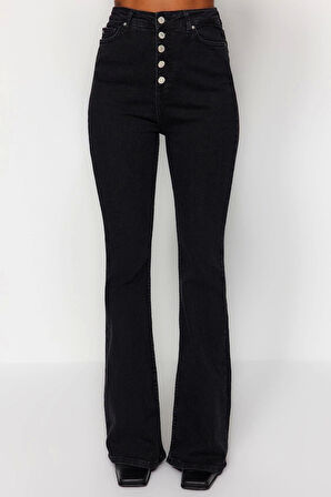 Stil Kadın Moda Denim Kot Pantolon Uzun Geniş Paça Önden Düğmeli Yüksek Bel Jeans