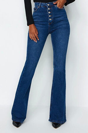 Stil Kadın Moda Denim Kot Pantolon Uzun Geniş Paça Önden Düğmeli Yüksek Bel Jeans