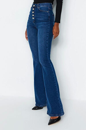 Stil Kadın Moda Denim Kot Pantolon Uzun Geniş Paça Önden Düğmeli Yüksek Bel Jeans