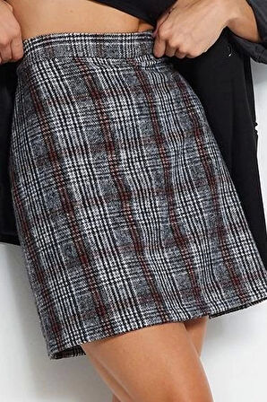Modern Tarz Astarsız Dokuma Mini Boy Ekose Desenli Kalem Fit Kaşe Kumaş Mini Boy Dokuma Etek