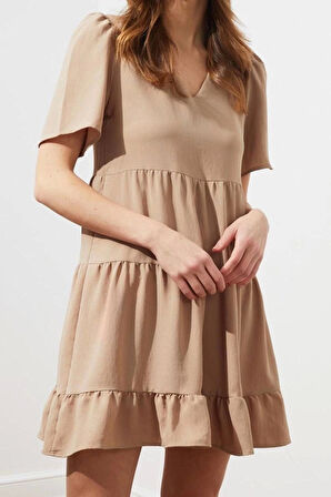 Moda Stil Regular V Yaka Mini Boy Geniş Kesim Dokuma Elbise