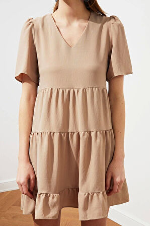 Moda Stil Regular V Yaka Mini Boy Geniş Kesim Dokuma Elbise