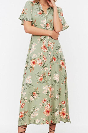 Moda Regular Casual Günlük Shally Dokuma Gömlek Yaka Kısa Kol Gömlek Elbise Midi Boy Elbise