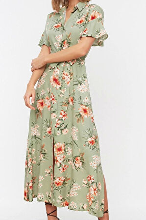 Moda Regular Casual Günlük Shally Dokuma Gömlek Yaka Kısa Kol Gömlek Elbise Midi Boy Elbise