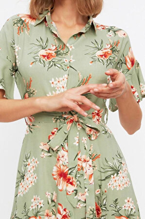 Moda Regular Casual Günlük Shally Dokuma Gömlek Yaka Kısa Kol Gömlek Elbise Midi Boy Elbise