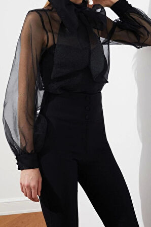 Moda Dik Yaka Dokuma Slim Fit Düz Desen Şık gece Regular Uzun Kol Bluz