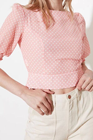 Moda Kayık Yaka Dokuma Regular Puantiyeli Desen Şık gece Regular Kısa Kol Bluz