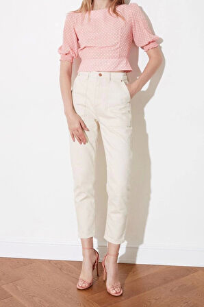 Moda Kayık Yaka Dokuma Regular Puantiyeli Desen Şık gece Regular Kısa Kol Bluz