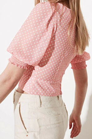 Moda Kayık Yaka Dokuma Regular Puantiyeli Desen Şık gece Regular Kısa Kol Bluz