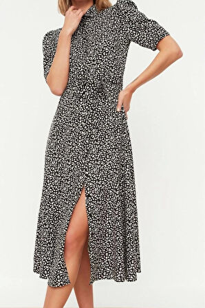 Moda Stil Regular Gömlek Yaka Midi Boy Çiçek Desenli Kuşaklı Dokuma Viskon Gömlek Elbise