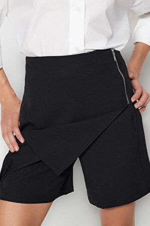 Büyük Beden Moda Dokuma Yüksek Bel Boru Paça Business Siyah Fermuar Detaylı Şort Etek