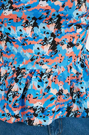 Moda Devrik Yaka Dokuma Regular Çiçekli Desen Casual Günlük Regular Kısa Kol Bluz