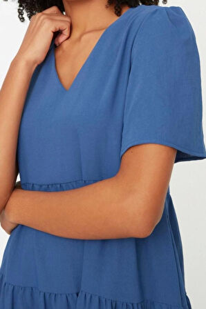 Moda Stil Regular V Yaka Mini Boy Geniş Kesim Dokuma Elbise