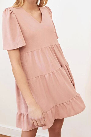 Moda Regular Casual Günlük Aerobin Dokuma V Yaka Kısa Kol Shift Mini Boy Elbise