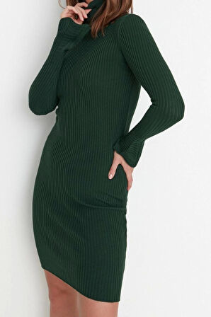 Moda Slim Casual Günlük Fitilli Triko Balıkçı Yaka Uzun Kol Bodycone Mini Boy Elbise