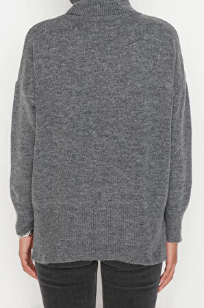 Kadın Modern Tarz Rahat Uzun Balıkçı Yaka Düz Kol Regular Triko Kazak