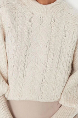 Kadın Modern Tarz Rahat Uzun Dik Yaka Saç Örgü Kol Regular Triko Kazak