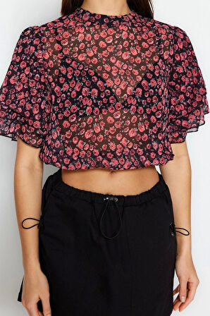Moda Bisiklet Yaka Dokuma Regular Çiçekli Desen Casual Günlük Regular Kısa Kol Bluz