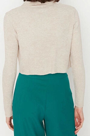 Kadın Modern Tarz Slim Polo Yaka Crop Triko Hırka