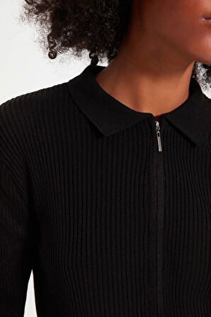 Kadın Modern Tarz Slim Polo Yaka Crop Triko Hırka