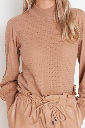 Kadın Modern Tarz Rahat Uzun Dik Yaka Dokulu Kol Regular Triko Kazak