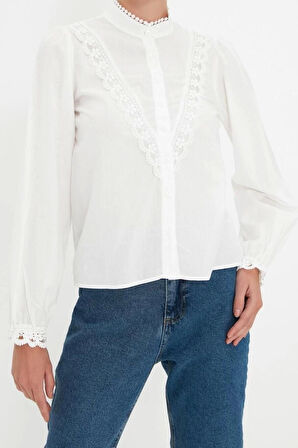 Moda Kadın Dik Yaka Düz Desen Günlük Dantelli Pamuklu Regular Normal Kalıp Dokuma Gömlek