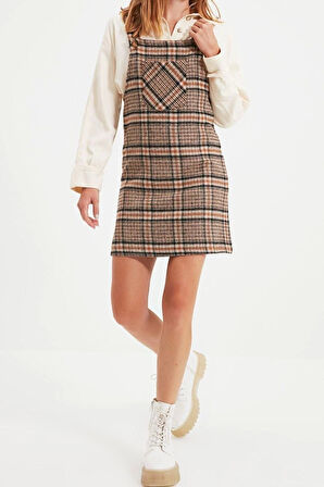 Moda Fit Casual Günlük Flanel Dokuma Kare Yaka Askılı Kol Jile Mini Boy Elbise