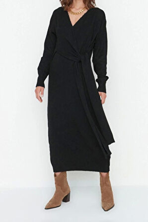 Moda Regular Casual Günlük Tek Plaka Triko Kruvaze Uzun Kol Kruvaze Maxi Boy Elbise