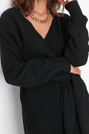 Moda Regular Casual Günlük Tek Plaka Triko Kruvaze Uzun Kol Kruvaze Maxi Boy Elbise