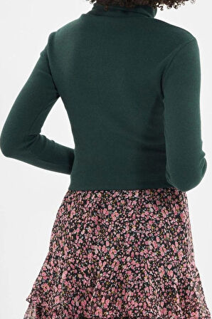 Stil Kadın Vücuda Oturan Parmak Detaylı Fitilli Esnek Bluz Crop Örme Slim Kalıp