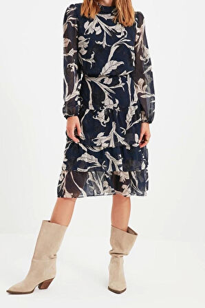 Moda Regular Gündüz Gece Şifon Dokuma Dik Yaka Uzun Kol Skater Midi Boy Elbise