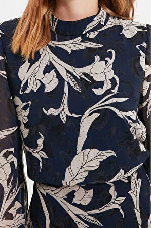 Moda Regular Gündüz Gece Şifon Dokuma Dik Yaka Uzun Kol Skater Midi Boy Elbise