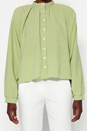 Moda Kadın Hakim Yaka Ekose Günlük Hakim Yaka Kareli Yarasa Kol Oversize Geniş Kalıp Dokuma Gömlek