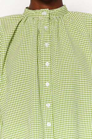 Moda Kadın Hakim Yaka Ekose Günlük Hakim Yaka Kareli Yarasa Kol Oversize Geniş Kalıp Dokuma Gömlek