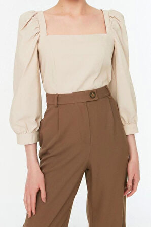 Moda Kare Yaka Dokuma Slim Fit Düz Desen Casual Günlük Regular Truvakar Kol Kol Bluz