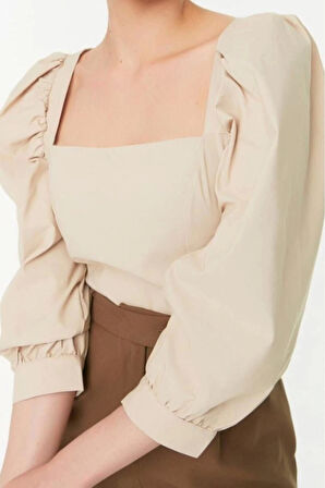 Moda Kare Yaka Dokuma Slim Fit Düz Desen Casual Günlük Regular Truvakar Kol Kol Bluz