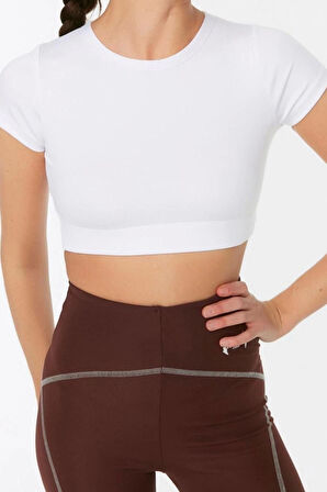 Moda Bisiklet Yaka Örme Fit Düz Desen Sportswear Super Crop Kısa Kol Bluz