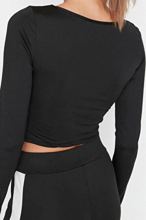 Moda Bisiklet Yaka Örme Fit Düz Desen Sportswear Crop Uzun Kol Bluz