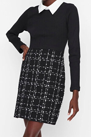 Moda Regular Casual Günlük Tüvit Dokuma Gömlek Yaka Uzun Kol A-Line Mini Boy Elbise