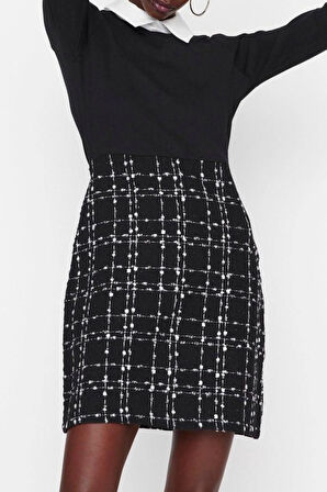 Moda Regular Casual Günlük Tüvit Dokuma Gömlek Yaka Uzun Kol A-Line Mini Boy Elbise