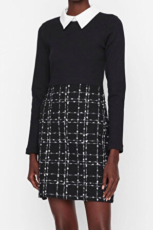 Moda Regular Casual Günlük Tüvit Dokuma Gömlek Yaka Uzun Kol A-Line Mini Boy Elbise