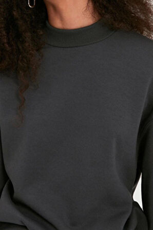 Tarz Relaxed Dik Yaka Düşük Kol Regular Kalın İçi Polarlı Rahat Kalıp Örme Sweatshirt